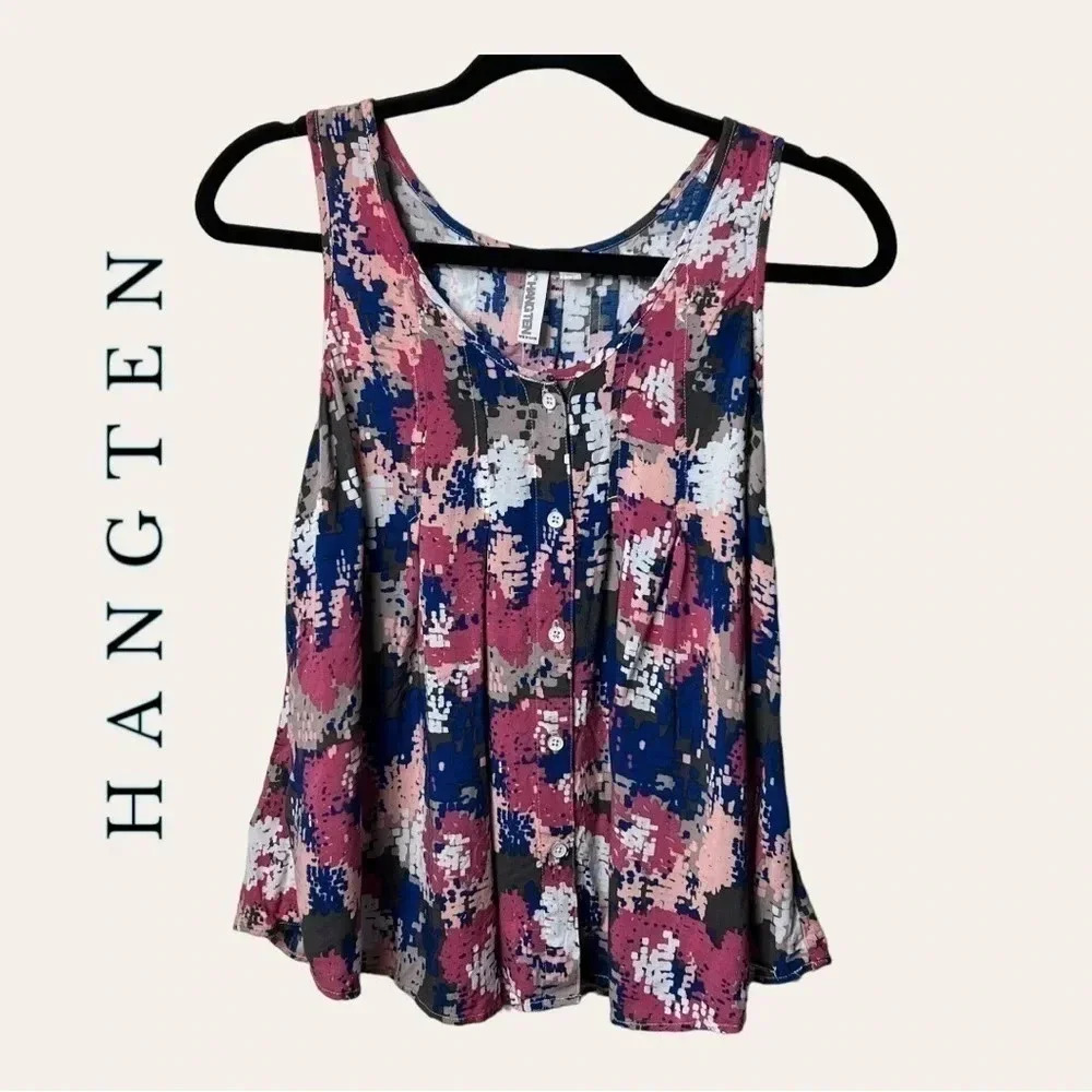 0586. HANG-TEN TANK TOP MULTICOLORED SIZE MEDIUM FUNCTIONAL BUTTON UP THE FRONT